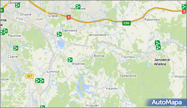 mapa Bobrów gmina Mysłakowice, Bobrów gmina Mysłakowice na mapie Targeo