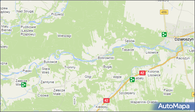 mapa Bobrowniki gmina Działoszyn, Bobrowniki gmina Działoszyn na mapie Targeo