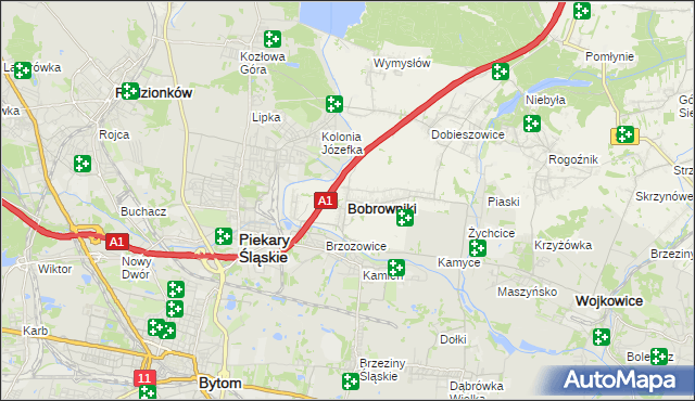 mapa Bobrowniki powiat będziński, Bobrowniki powiat będziński na mapie Targeo