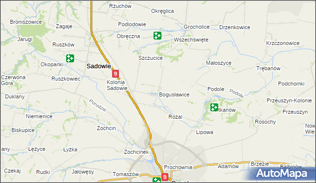 mapa Bogusławice gmina Sadowie, Bogusławice gmina Sadowie na mapie Targeo