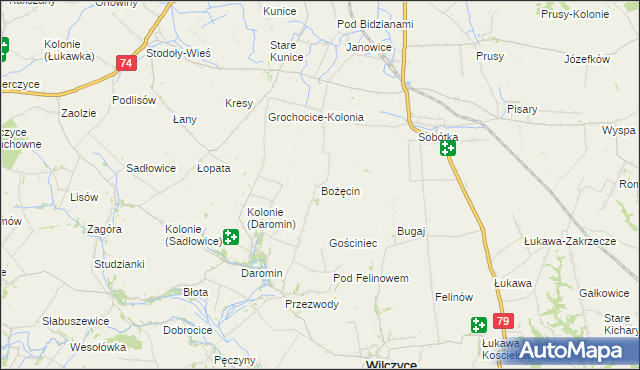 mapa Bożęcin gmina Wilczyce, Bożęcin gmina Wilczyce na mapie Targeo