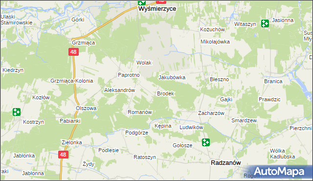 mapa Brodek gmina Wyśmierzyce, Brodek gmina Wyśmierzyce na mapie Targeo