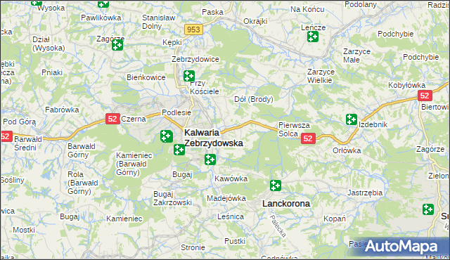 mapa Brody gmina Kalwaria Zebrzydowska, Brody gmina Kalwaria Zebrzydowska na mapie Targeo