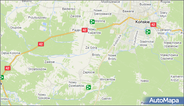 mapa Brody gmina Końskie, Brody gmina Końskie na mapie Targeo