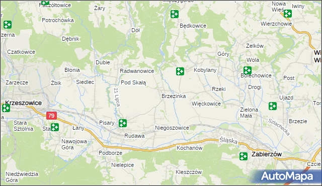 mapa Brzezinka gmina Zabierzów, Brzezinka gmina Zabierzów na mapie Targeo