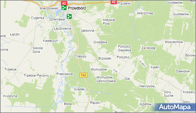 mapa Brzostek gmina Przedbórz, Brzostek gmina Przedbórz na mapie Targeo