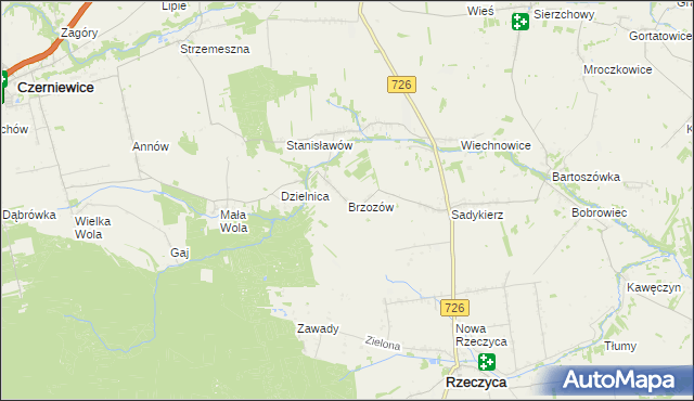 mapa Brzozów gmina Rzeczyca, Brzozów gmina Rzeczyca na mapie Targeo