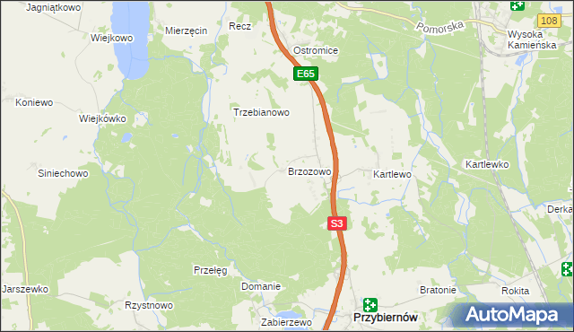 mapa Brzozowo gmina Przybiernów, Brzozowo gmina Przybiernów na mapie Targeo