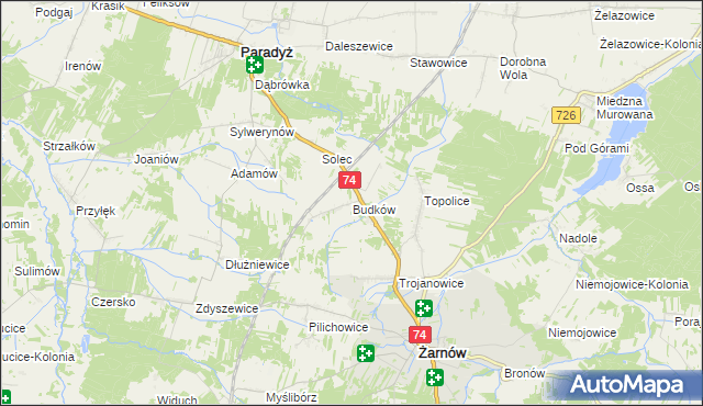 mapa Budków gmina Żarnów, Budków gmina Żarnów na mapie Targeo