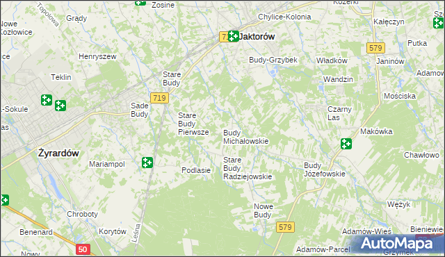 mapa Budy Michałowskie gmina Jaktorów, Budy Michałowskie gmina Jaktorów na mapie Targeo