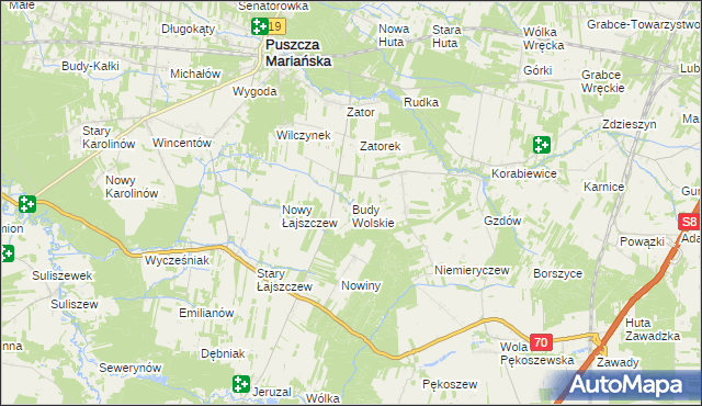 mapa Budy Wolskie gmina Puszcza Mariańska, Budy Wolskie gmina Puszcza Mariańska na mapie Targeo