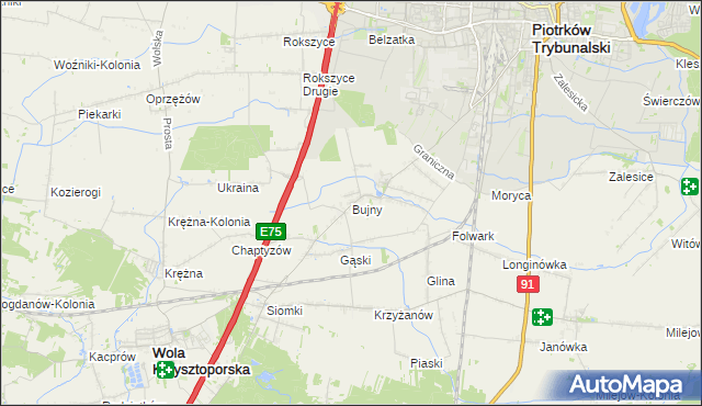 mapa Bujny gmina Wola Krzysztoporska, Bujny gmina Wola Krzysztoporska na mapie Targeo