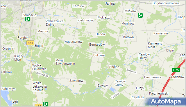 mapa Bukowa gmina Bełchatów, Bukowa gmina Bełchatów na mapie Targeo