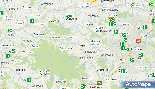 mapa Bystra gmina Gorlice, Bystra gmina Gorlice na mapie Targeo