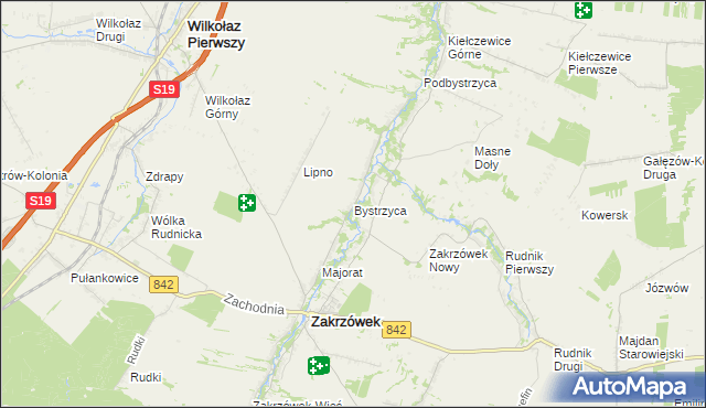 mapa Bystrzyca gmina Zakrzówek, Bystrzyca gmina Zakrzówek na mapie Targeo