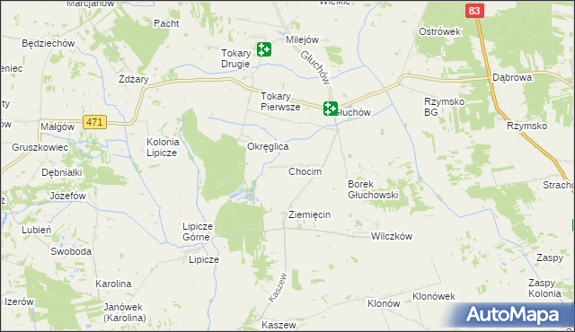 mapa Chocim gmina Kawęczyn, Chocim gmina Kawęczyn na mapie Targeo