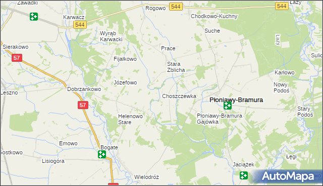 mapa Choszczewka gmina Płoniawy-Bramura, Choszczewka gmina Płoniawy-Bramura na mapie Targeo