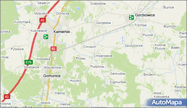 mapa Chrzanowice gmina Gomunice, Chrzanowice gmina Gomunice na mapie Targeo