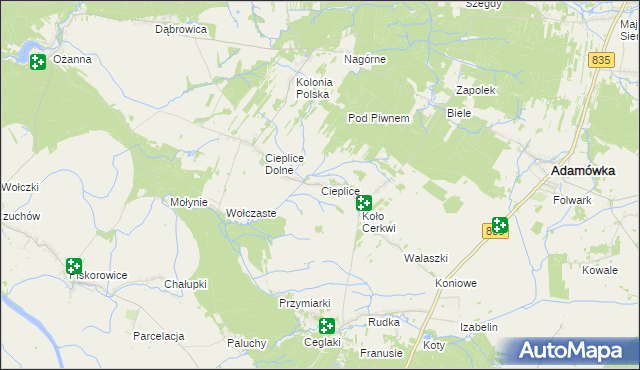 mapa Cieplice gmina Adamówka, Cieplice gmina Adamówka na mapie Targeo