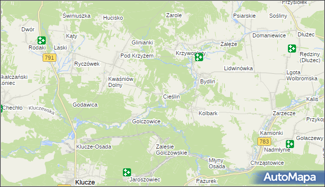 mapa Cieślin gmina Klucze, Cieślin gmina Klucze na mapie Targeo