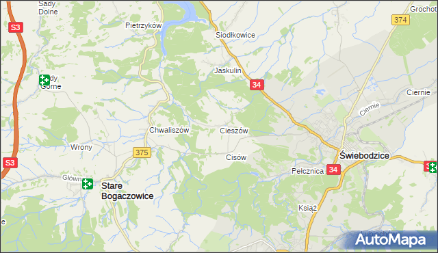 mapa Cieszów gmina Stare Bogaczowice, Cieszów gmina Stare Bogaczowice na mapie Targeo