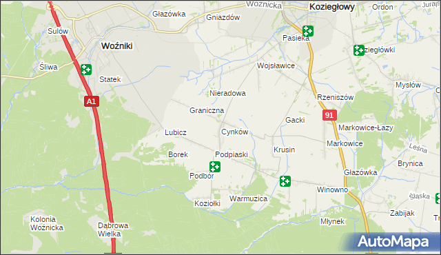 mapa Cynków gmina Koziegłowy, Cynków gmina Koziegłowy na mapie Targeo