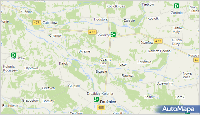 mapa Czarny Las gmina Drużbice, Czarny Las gmina Drużbice na mapie Targeo