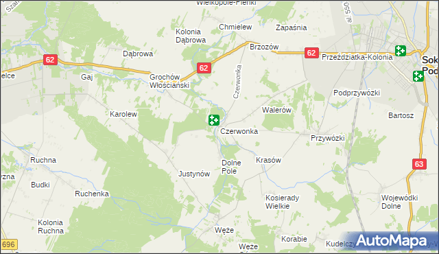 mapa Czerwonka gmina Sokołów Podlaski, Czerwonka gmina Sokołów Podlaski na mapie Targeo