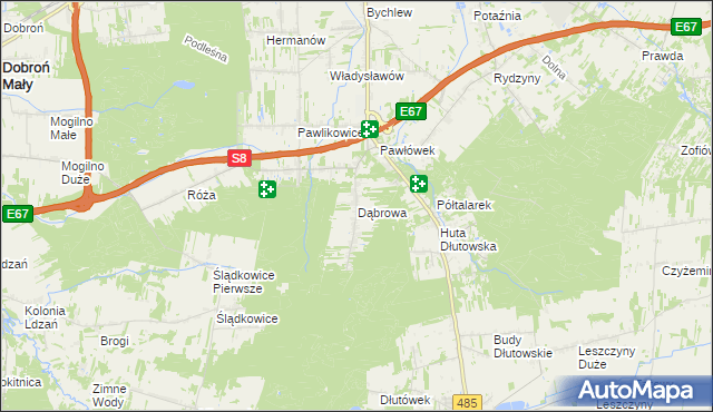 mapa Dąbrowa gmina Dłutów, Dąbrowa gmina Dłutów na mapie Targeo