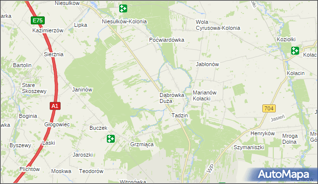 mapa Dąbrówka Duża gmina Brzeziny, Dąbrówka Duża gmina Brzeziny na mapie Targeo