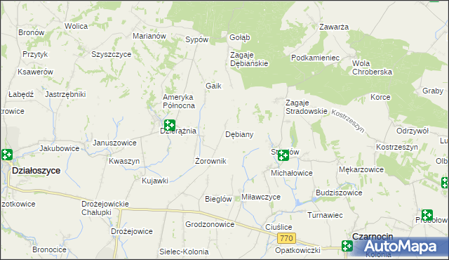 mapa Dębiany gmina Działoszyce, Dębiany gmina Działoszyce na mapie Targeo