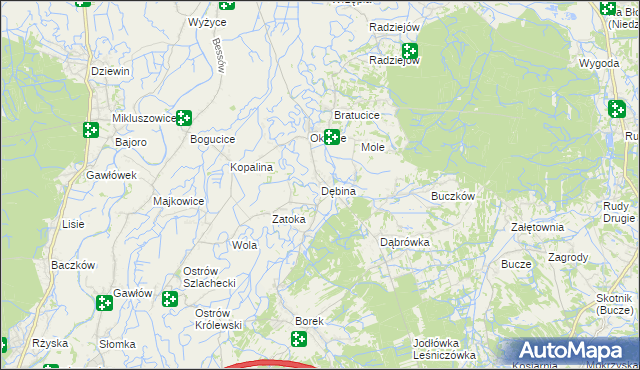 mapa Dębina gmina Rzezawa, Dębina gmina Rzezawa na mapie Targeo