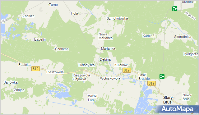 mapa Dębina gmina Stary Brus, Dębina gmina Stary Brus na mapie Targeo