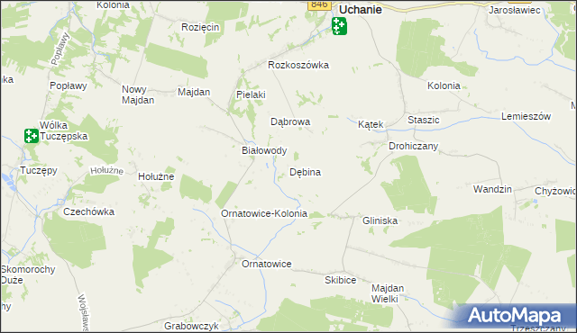 mapa Dębina gmina Uchanie, Dębina gmina Uchanie na mapie Targeo