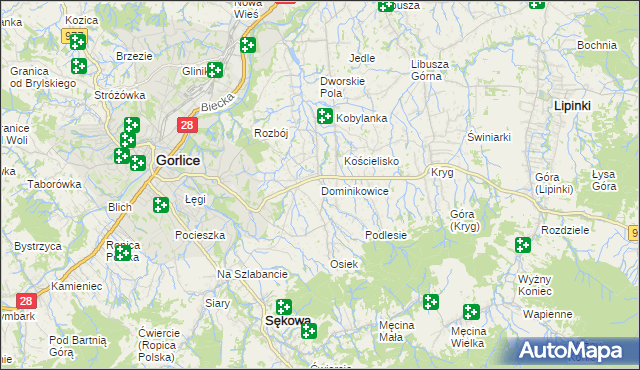 mapa Dominikowice gmina Gorlice, Dominikowice gmina Gorlice na mapie Targeo