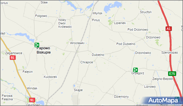 mapa Dubielno gmina Papowo Biskupie, Dubielno gmina Papowo Biskupie na mapie Targeo