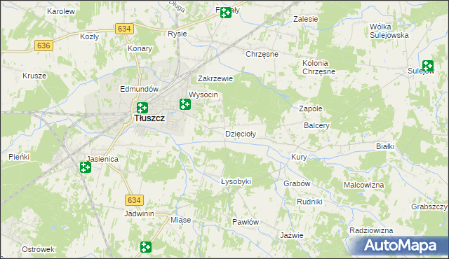 mapa Dzięcioły gmina Tłuszcz, Dzięcioły gmina Tłuszcz na mapie Targeo