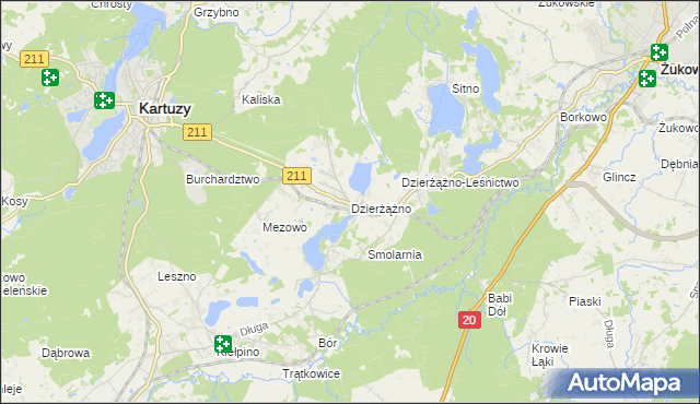 mapa Dzierżążno gmina Kartuzy, Dzierżążno gmina Kartuzy na mapie Targeo