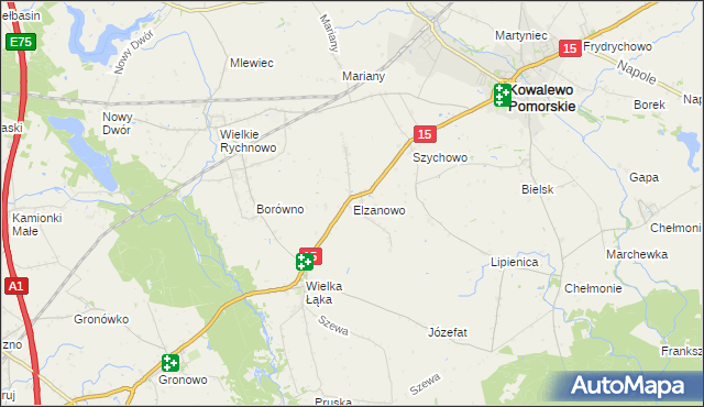 mapa Elzanowo gmina Kowalewo Pomorskie, Elzanowo gmina Kowalewo Pomorskie na mapie Targeo