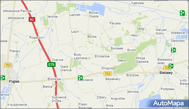 mapa Emilianów gmina Bielawy, Emilianów gmina Bielawy na mapie Targeo