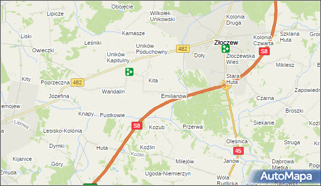 mapa Emilianów gmina Złoczew, Emilianów gmina Złoczew na mapie Targeo