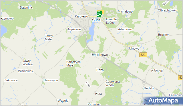 mapa Emilianowo gmina Susz, Emilianowo gmina Susz na mapie Targeo