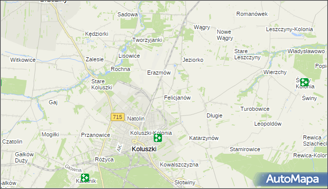 mapa Felicjanów gmina Koluszki, Felicjanów gmina Koluszki na mapie Targeo