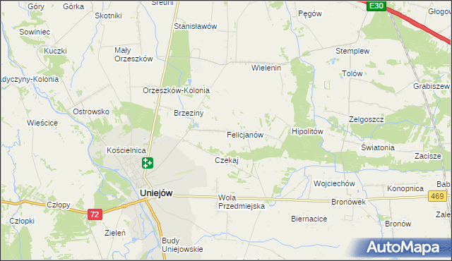 mapa Felicjanów gmina Uniejów, Felicjanów gmina Uniejów na mapie Targeo