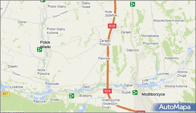 mapa Felinów gmina Modliborzyce, Felinów gmina Modliborzyce na mapie Targeo