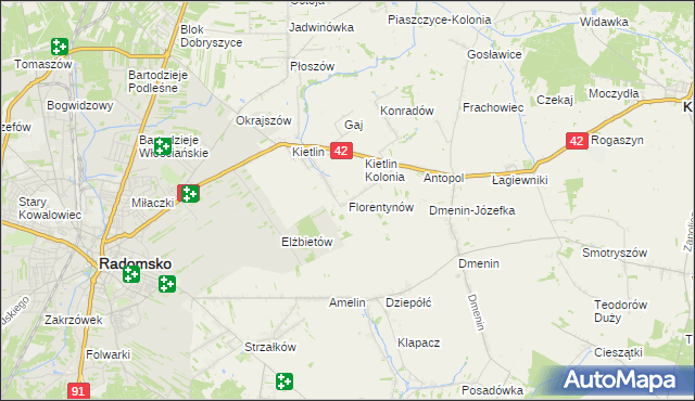 mapa Florentynów gmina Kodrąb, Florentynów gmina Kodrąb na mapie Targeo