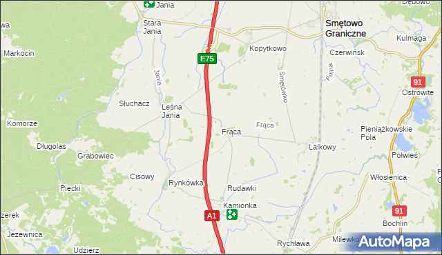 mapa Frąca gmina Smętowo Graniczne, Frąca gmina Smętowo Graniczne na mapie Targeo