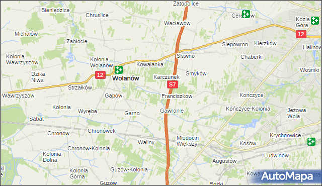 mapa Franciszków gmina Wolanów, Franciszków gmina Wolanów na mapie Targeo