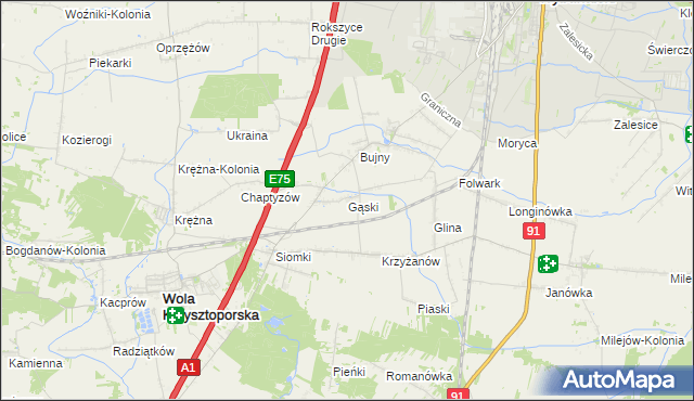 mapa Gąski gmina Wola Krzysztoporska, Gąski gmina Wola Krzysztoporska na mapie Targeo