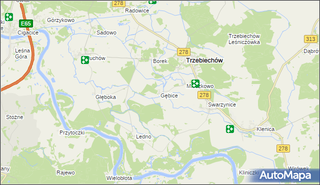 mapa Gębice gmina Trzebiechów, Gębice gmina Trzebiechów na mapie Targeo